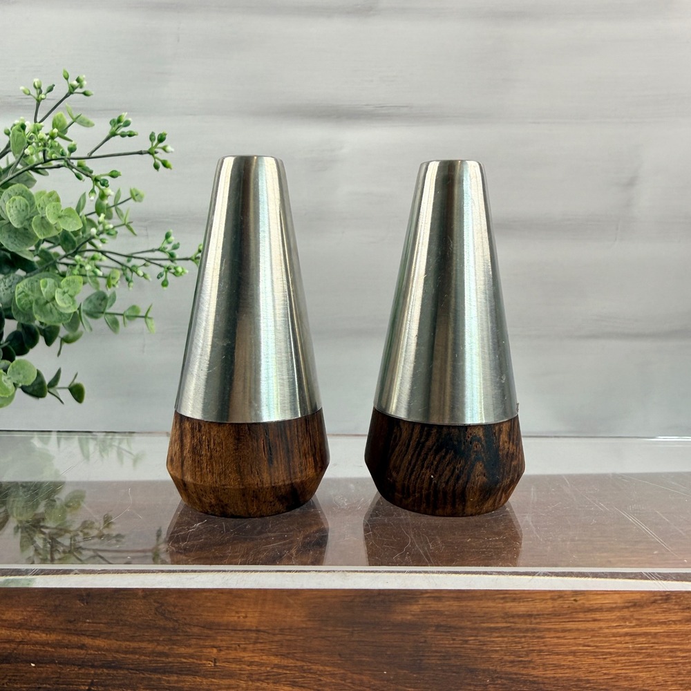 A&B Denmark Teak & Stainless Steel Salt Pepper Shakers Mid Century
